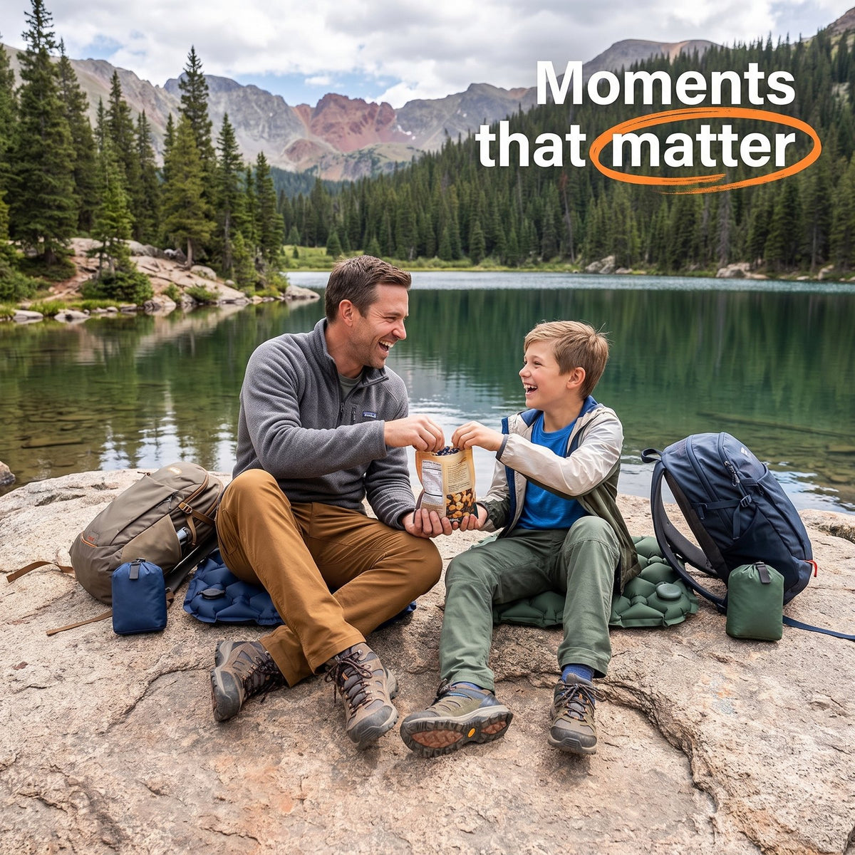 Father and son trail break on Mood Cushions by a lake