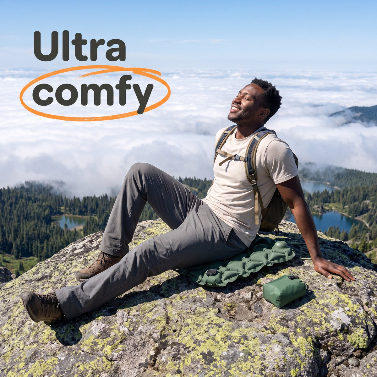 Ultra comfy inflatable seat on a summit above the clouds