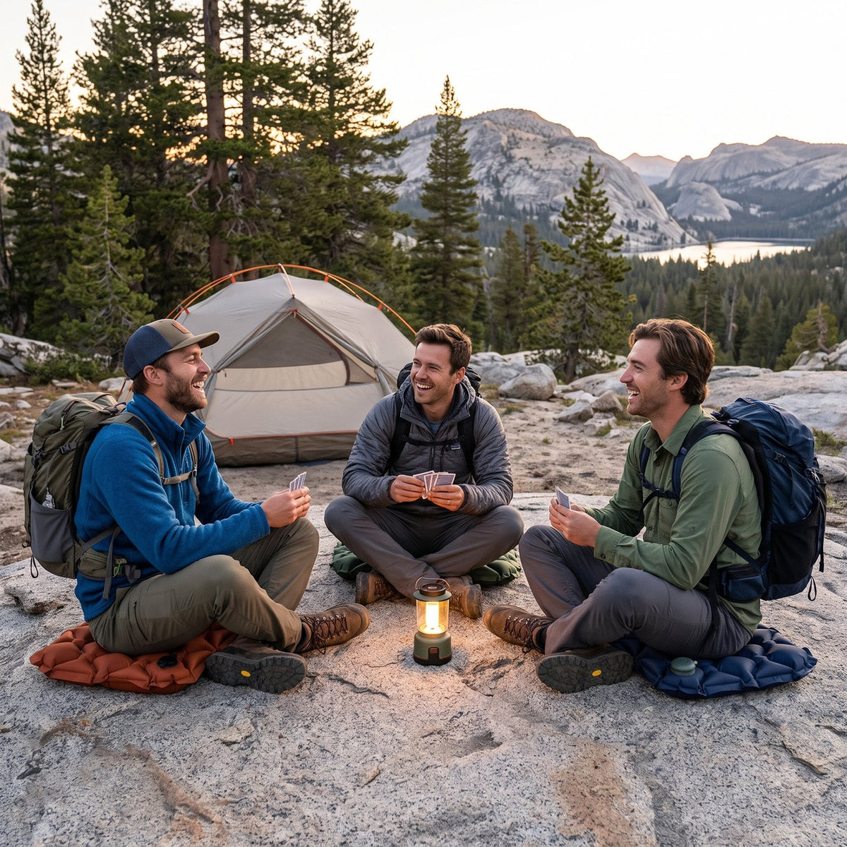 Hiking buddies at camp sitting on Mood Cushions